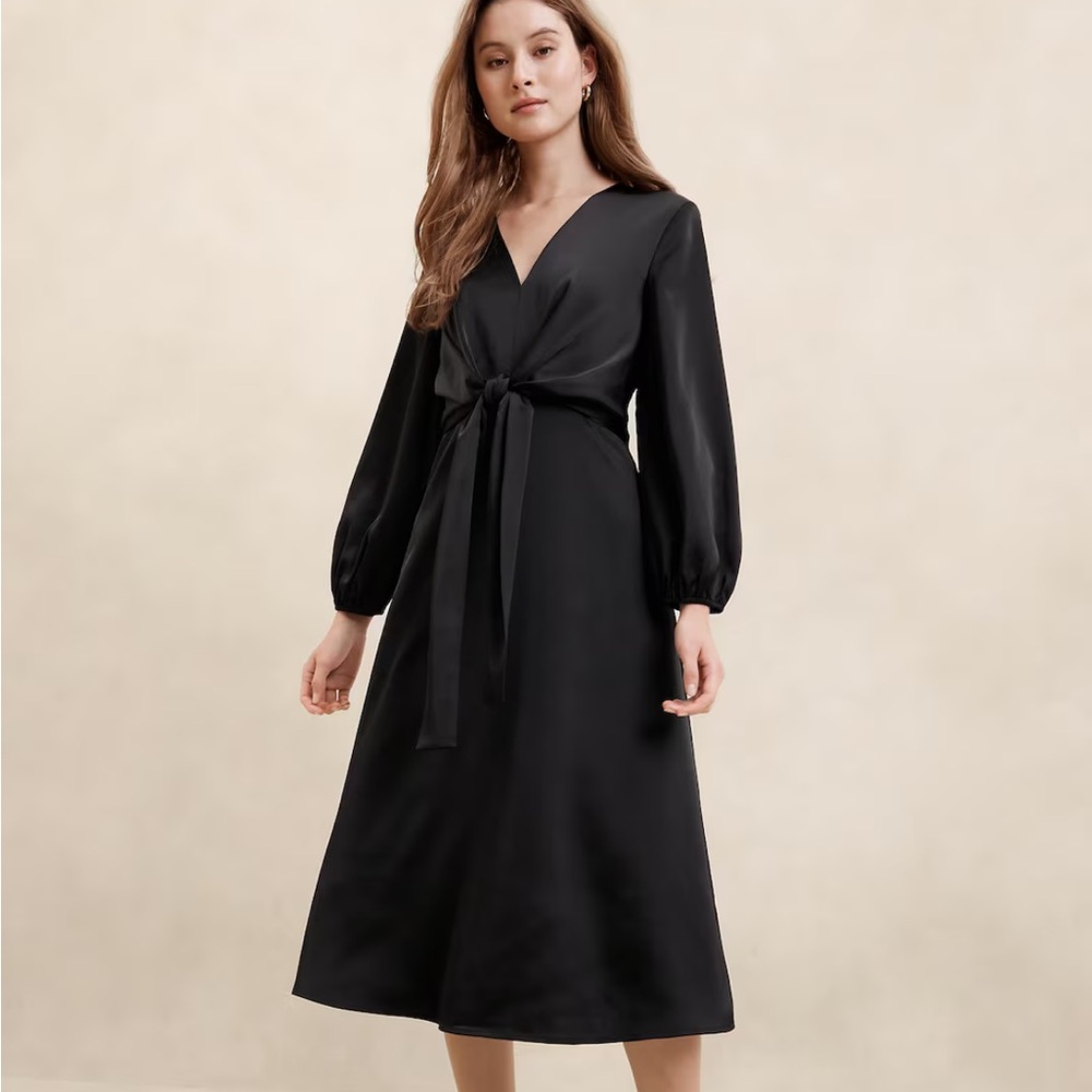 Banana Republic Black Satin Tie-Front V-Neck Dressy Midi Dress